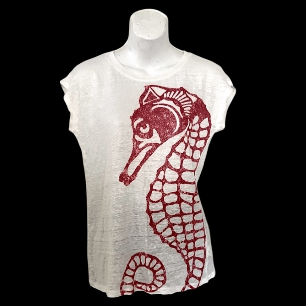 Talbots Women’s Linen Red Seahorse White Short Sleeve T Shirt Top Sz SP